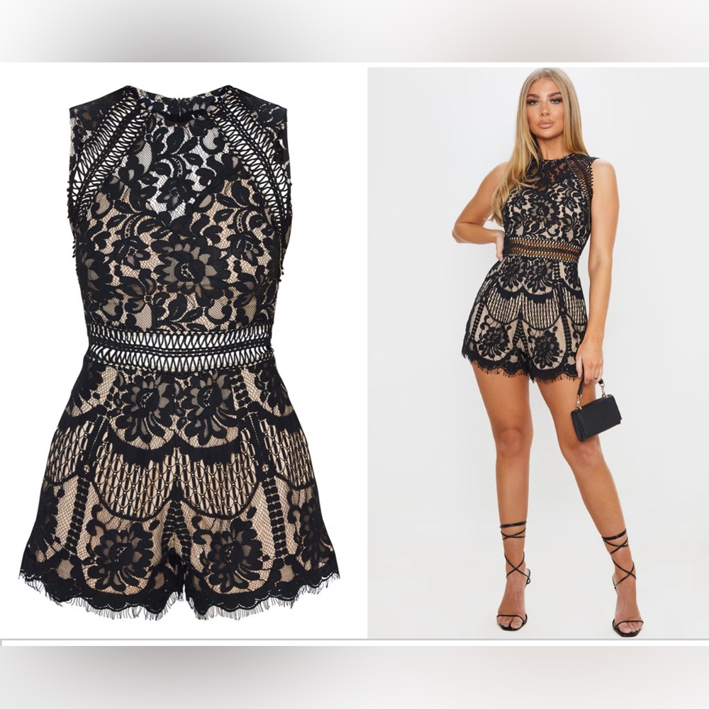 NWT pretty Little Thing black lace romper, size. US 2